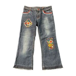 Mayoral Girls Wide Leg Jeans 6 Floral Embroidered Raw Hem Distressed Hippie